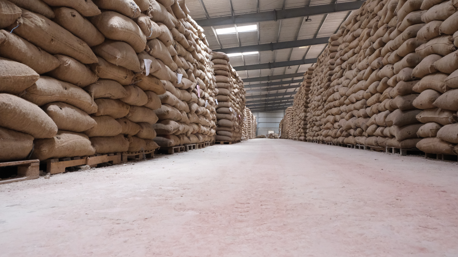 Entrepôt rempli de sacs de jute de noix de cajou