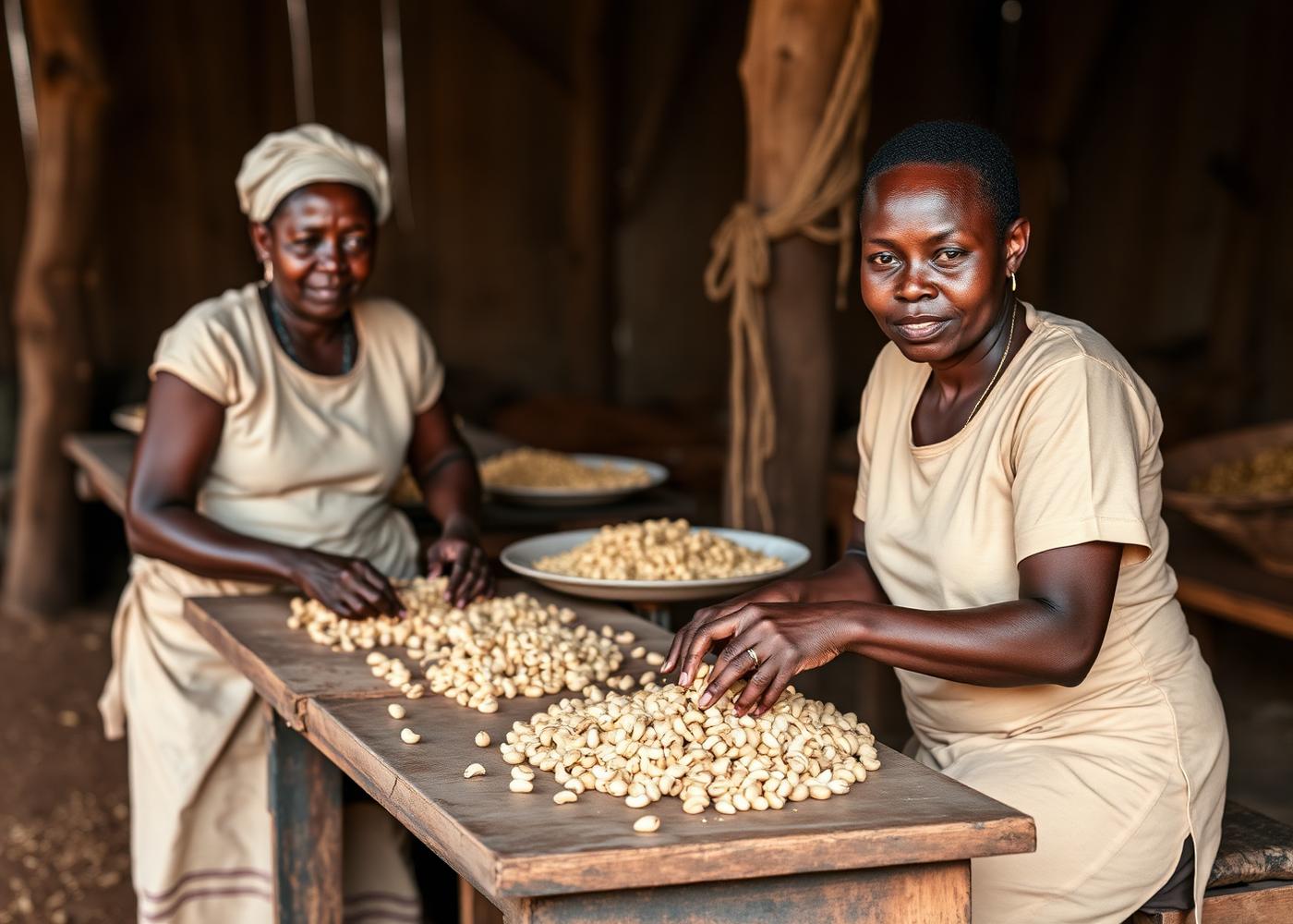 Femmes triant des amandes de cajou dans une coopérative ivoirienne